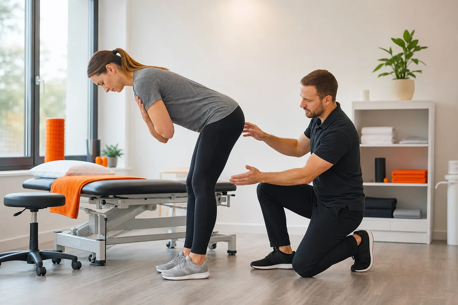 physiotherapist assessing movement during back pain physiotherapy