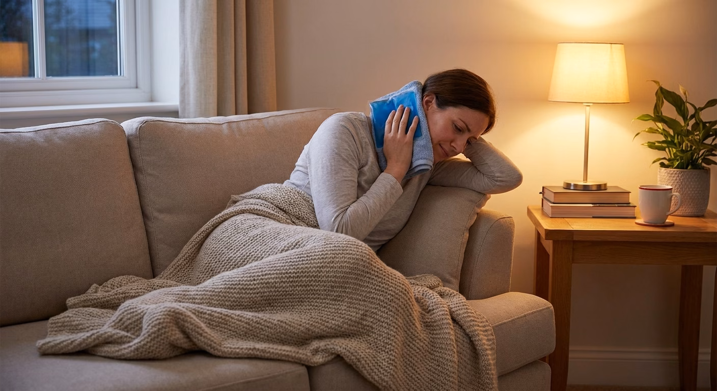 Woman resting on a beige sofa with a blue towel around her neck, covered by a thick blanket, in a cozy living room at night