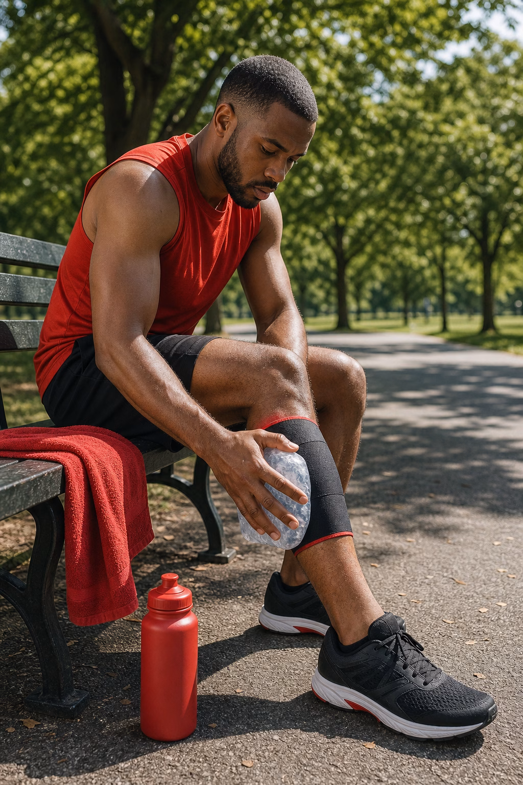 Athlete in a red sleeveless shirt sits on a park bench, applying an ice pack to his knee with a red towel and water bottle nearby