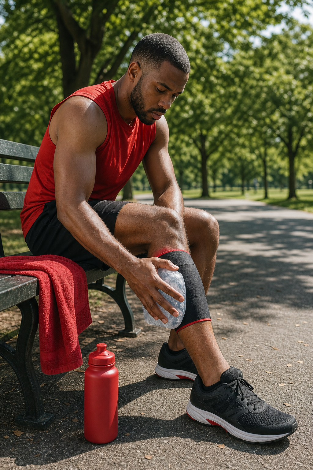 athlete using ice and compression for running injury recovery.