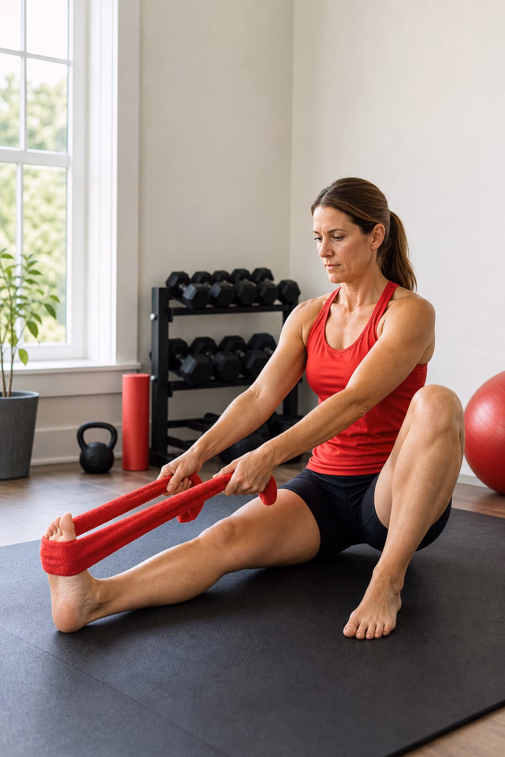 Woman in a red tank top sits on an exercise mat, using a red resistance band to stretch her leg in a bright home gym.