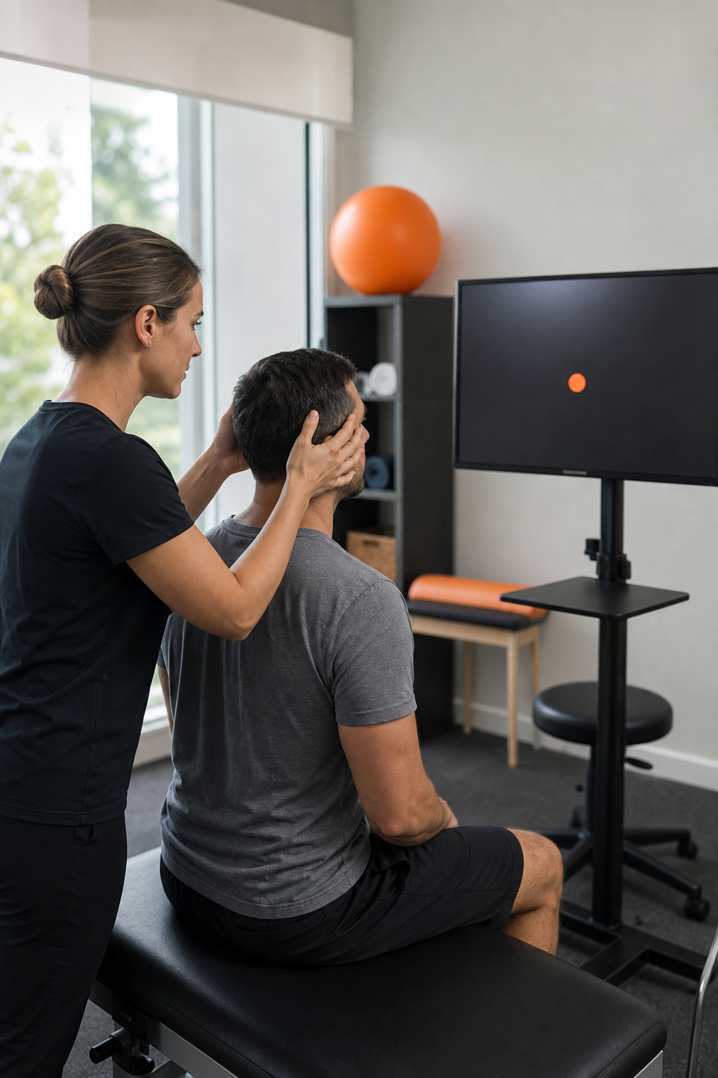 A realistic scene of a physiotherapy assessment room at Dynamic Balance Physio, showing a therapist guiding a patient th