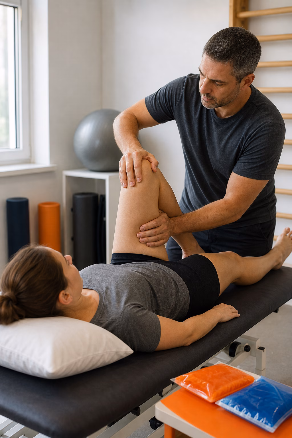 Therapist assists a patient with knee flexion while lying on an examination table in a clinic setting, holding the leg steady and guiding movement.