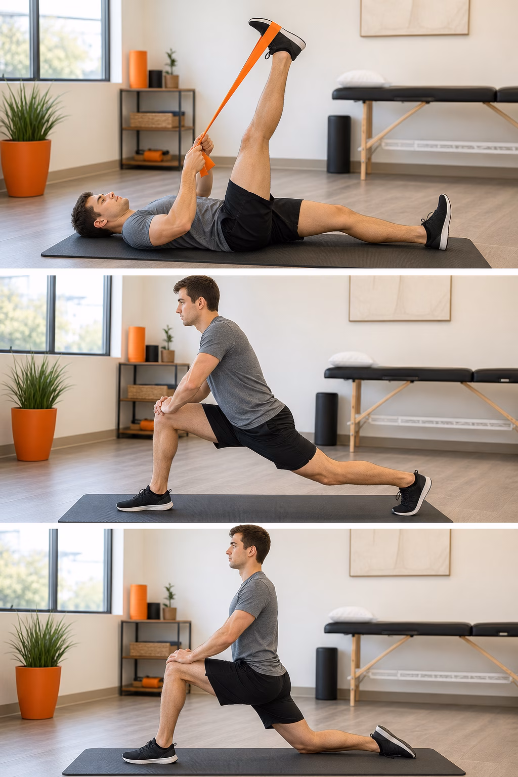 Man lying on a mat, using an orange resistance strap to stretch his hamstring on the raised leg in a bright studio.