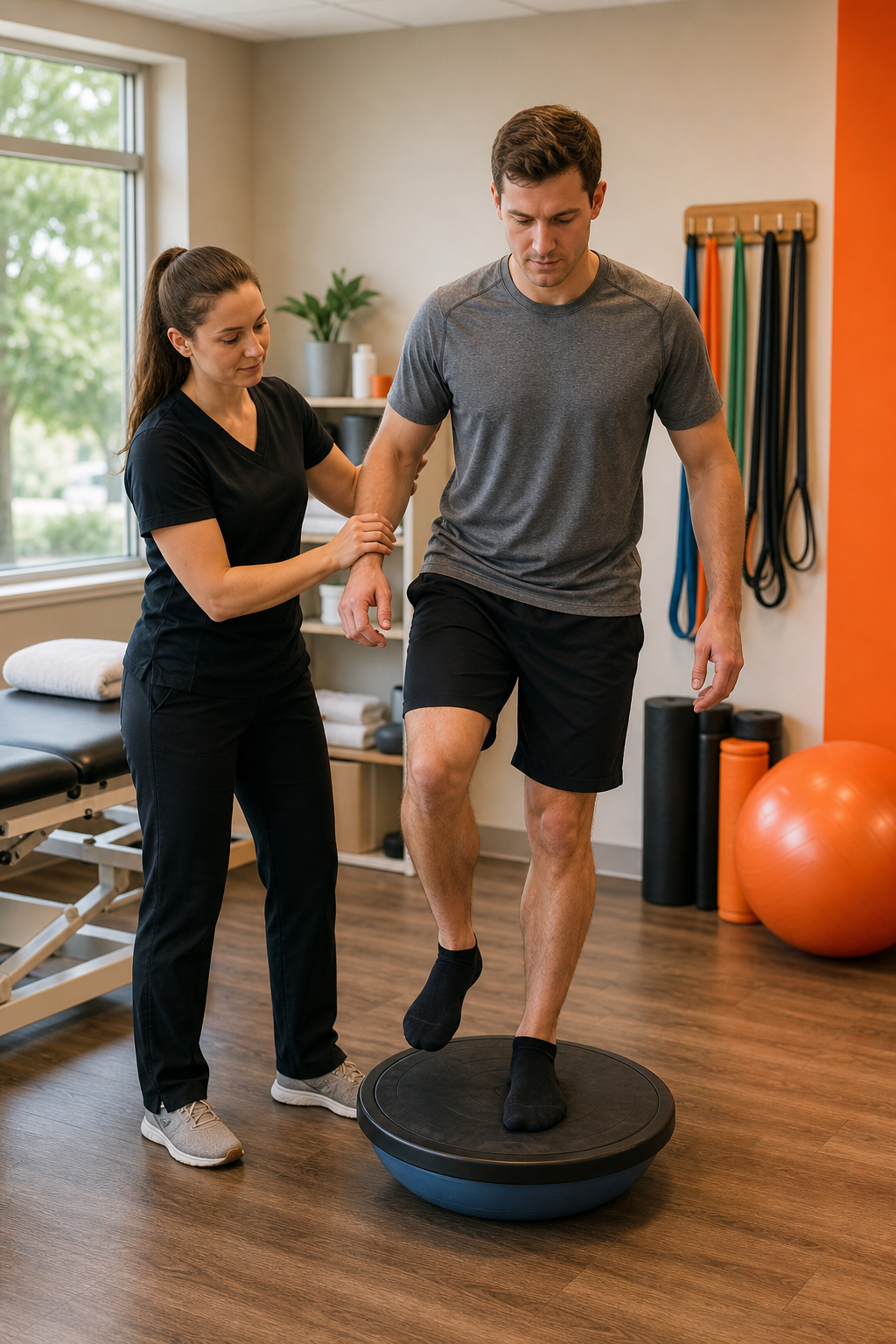 A warm, inviting physiotherapy clinic treatment room with a treatment table, resistance bands, and balance equipment. A physiotherapist is helping a patient with a balance exercise. Alt: Dynamic Balance Physio concussion treatment clinic Surrey