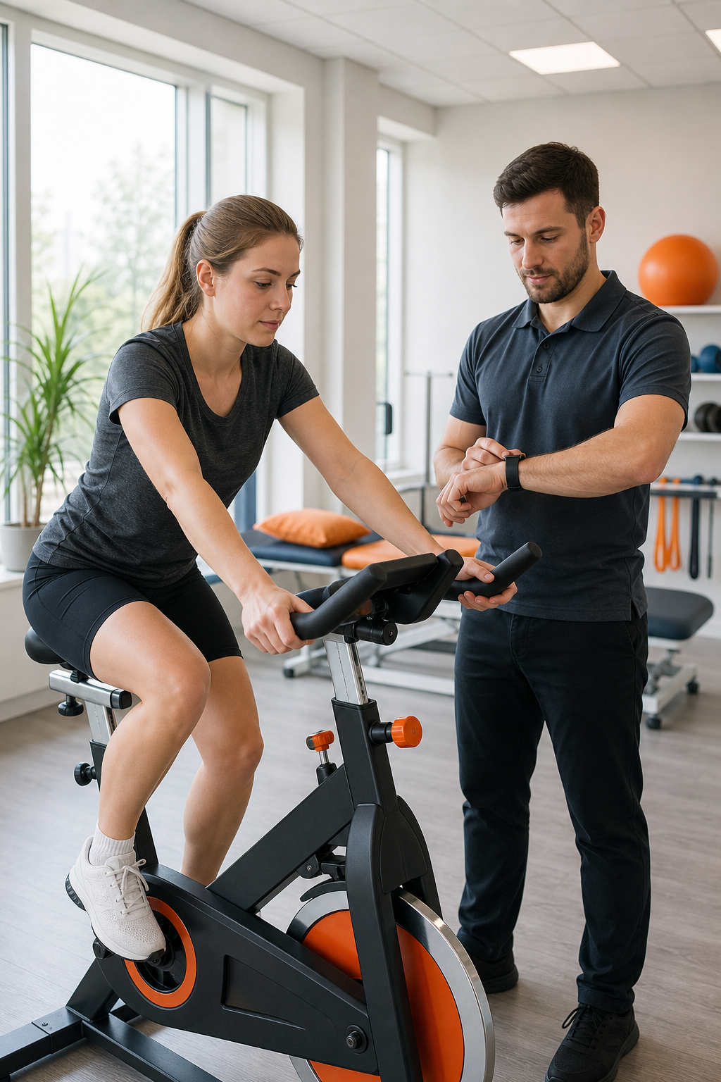 A person on a stationary bike in a physiotherapy clinic, with a therapist monitoring heart rate. The scene is bright and professional. Alt: Graded aerobic exercise for concussion recovery Surrey