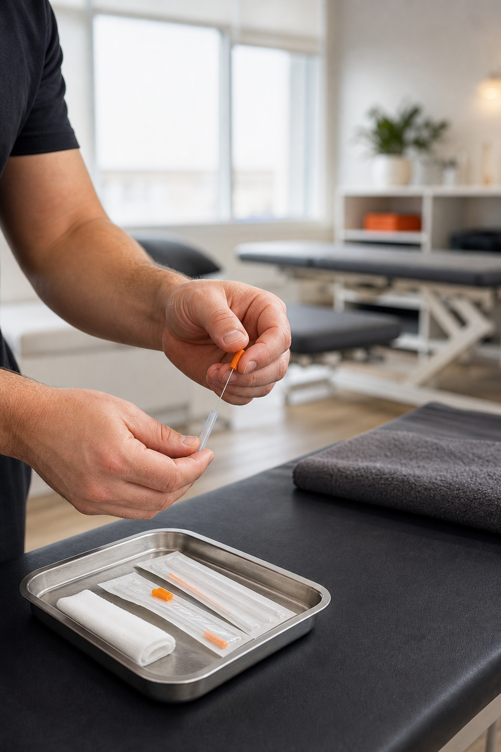 A photorealistic image of a physiotherapist's hands preparing a sterile needle on a treatment table in a bright, modern clinic. Alt: Dry needling treatment at Dynamic Balance Physio clinic Surrey BC.