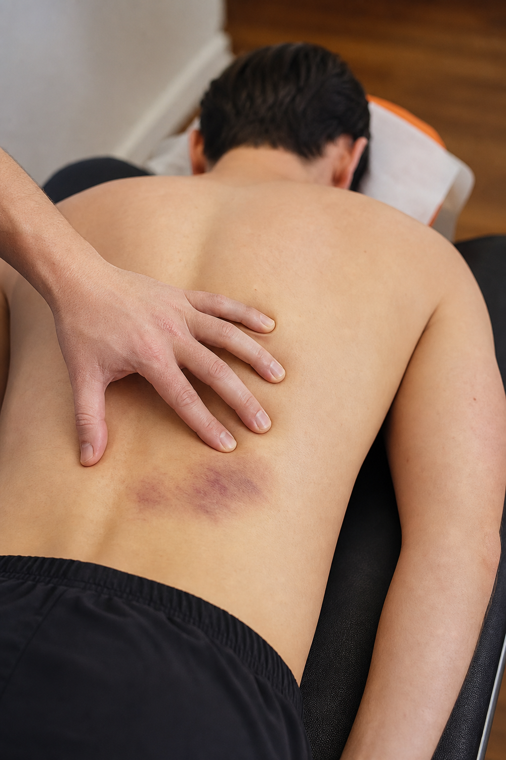 A photorealistic image of a patient lying face-down on a treatment table, with a physiotherapist's hand near the lower back, showing a bruise on the skin after dry needling. Alt: Post-dry needling bruising on lower back after trigger point treatment.