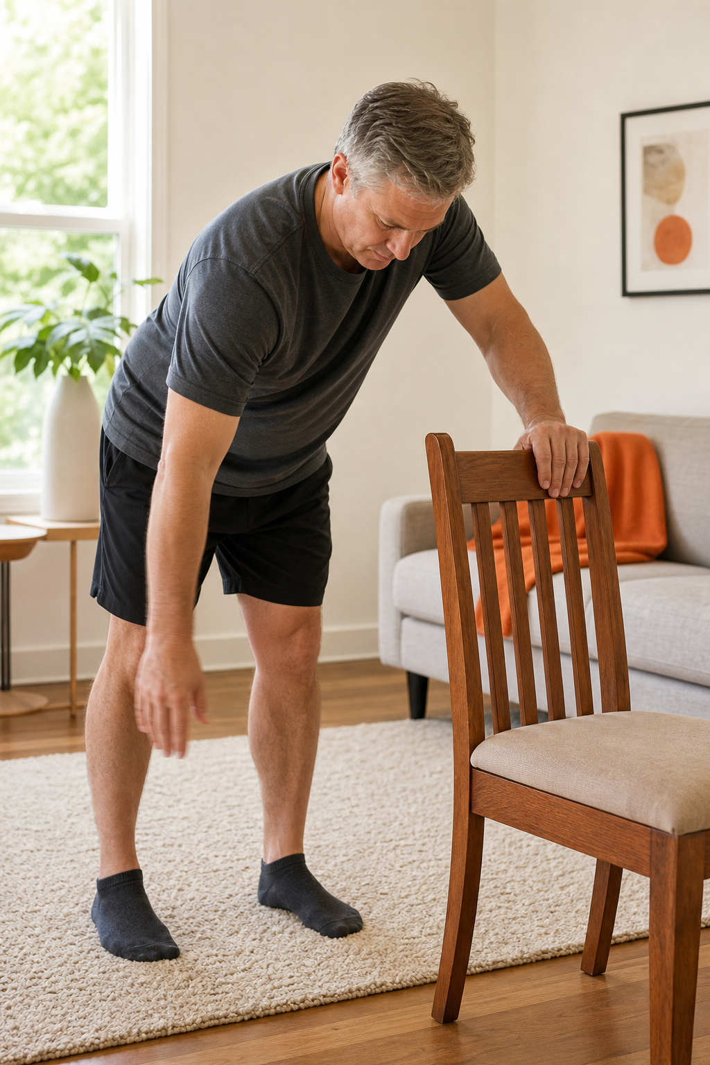 A person leaning over a sturdy wooden chair in a bright home environment, letting one arm hang loosely and swing in small circles as part of a shoulder rehabilitation exercise. Alt: person performing pendulum shoulder stretch for frozen shoulder relief.