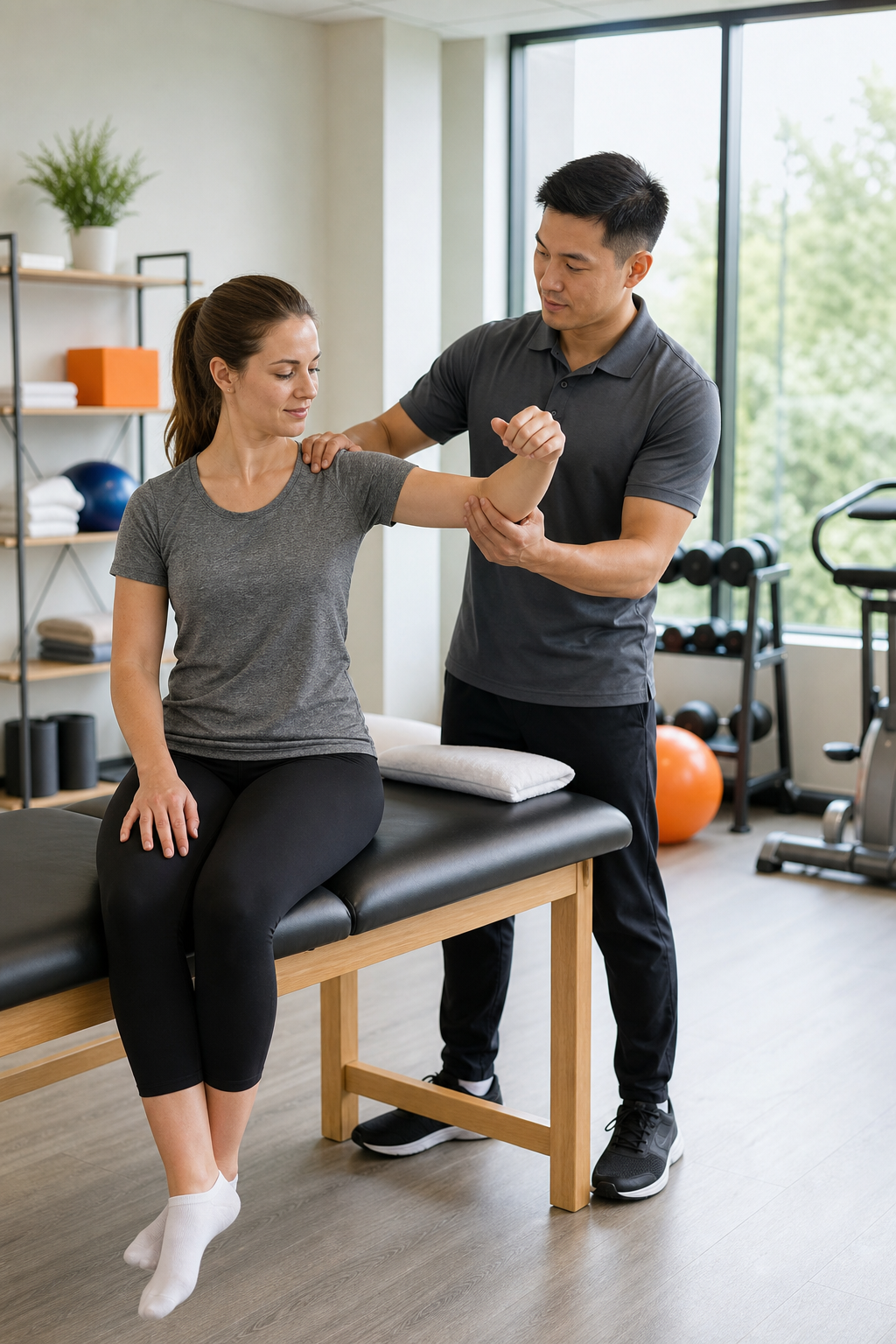 A photorealistic image of a modern physiotherapy clinic treatment room with an examination table, exercise equipment, and a physiotherapist helping a patient with shoulder mobility exercises. Natural lighting, clean and professional environment. Alt: Dynamic Balance Physio treatment room for ICBC physiotherapy Surrey.