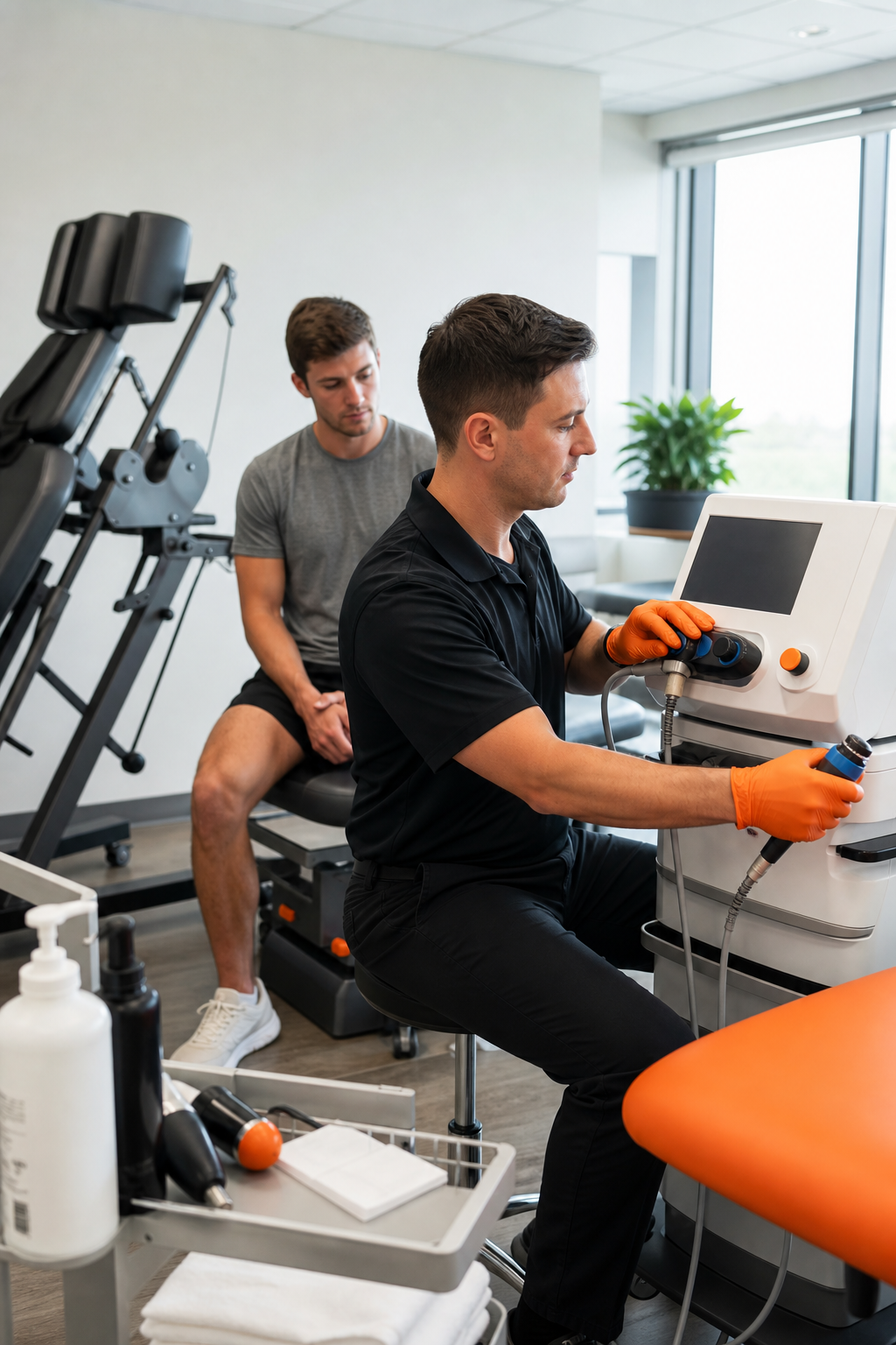 A photorealistic image of a physiotherapy clinic with rehabilitation equipment and a physiotherapist guiding a patient through recovery exercises in a clean, professional environment. Alt: Dynamic Balance Physio rehabilitation for ICBC injury recovery Surrey.