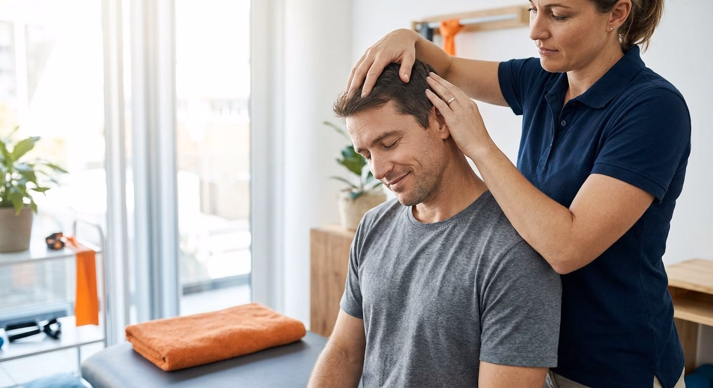 Therapist massages a man's scalp and neck from behind in a bright therapy room.