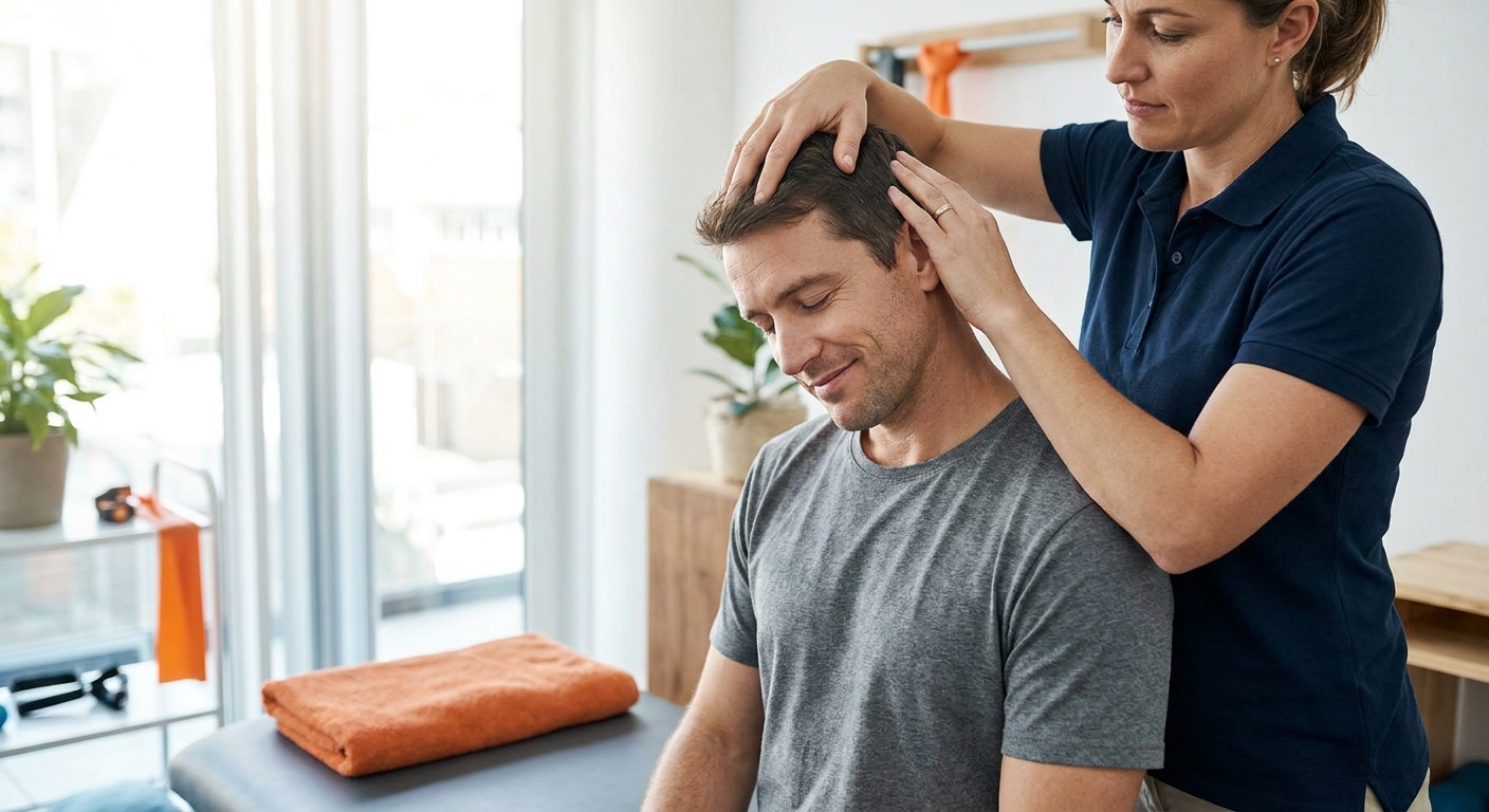 Physiotherapist guiding a patient through gentle neck mobilization in a modern clinic
