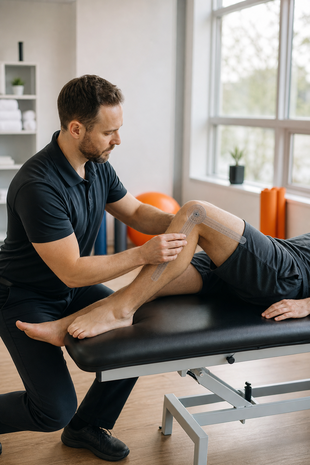 A photorealistic image of a physiotherapist in a bright clinic conducting a movement assessment with a patient, using a goniometer to measure knee range of motion. Alt: Physiotherapy assessment in Surrey BC clinic