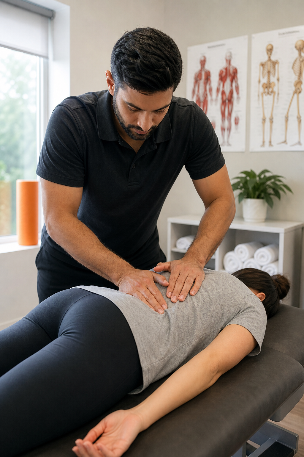 A photorealistic image of a physiotherapist applying manual therapy to a patient's lower back in a Surrey clinic, with a treatment bed and posters on the wall. Alt: Manual therapy for back pain relief Surrey BC