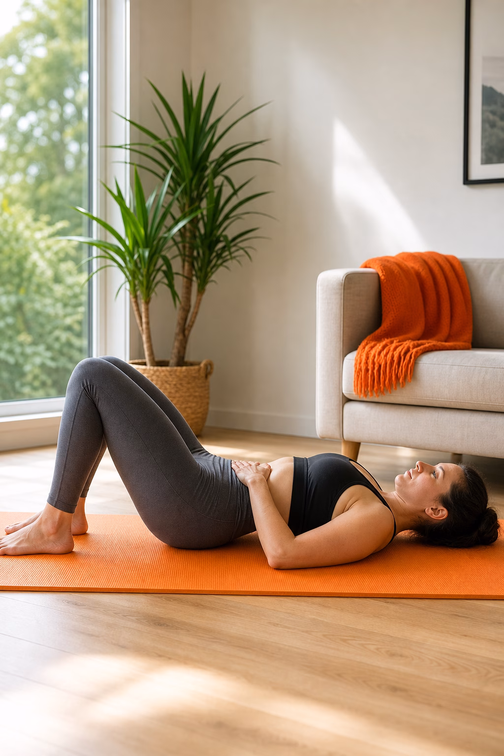 Woman lying on her back on an orange yoga mat, hips lifted in a bridge pose in a bright living room with a couch and potted plant nearby.