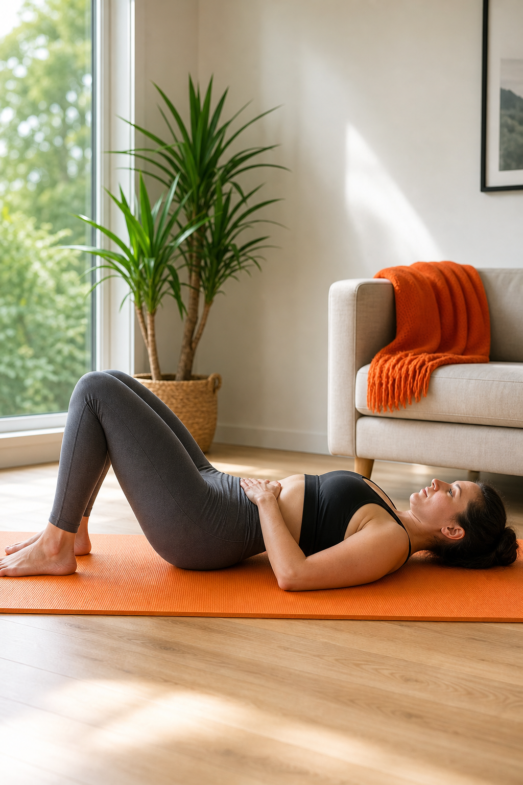 A realistic photograph of a person on a yoga mat performing a pelvic tilt, showing the flattened lower back and engaged abdominal muscles, bright natural lighting, soft indoor setting. Alt: pelvic tilt exercise for lower back pain
