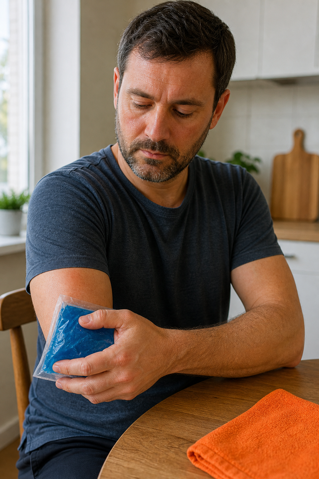 A photorealistic close-up of a person applying a cold pack to the outside of their elbow while seated at a kitchen table in natural light. Alt: Calming tennis elbow pain with ice before starting physiotherapy exercises.