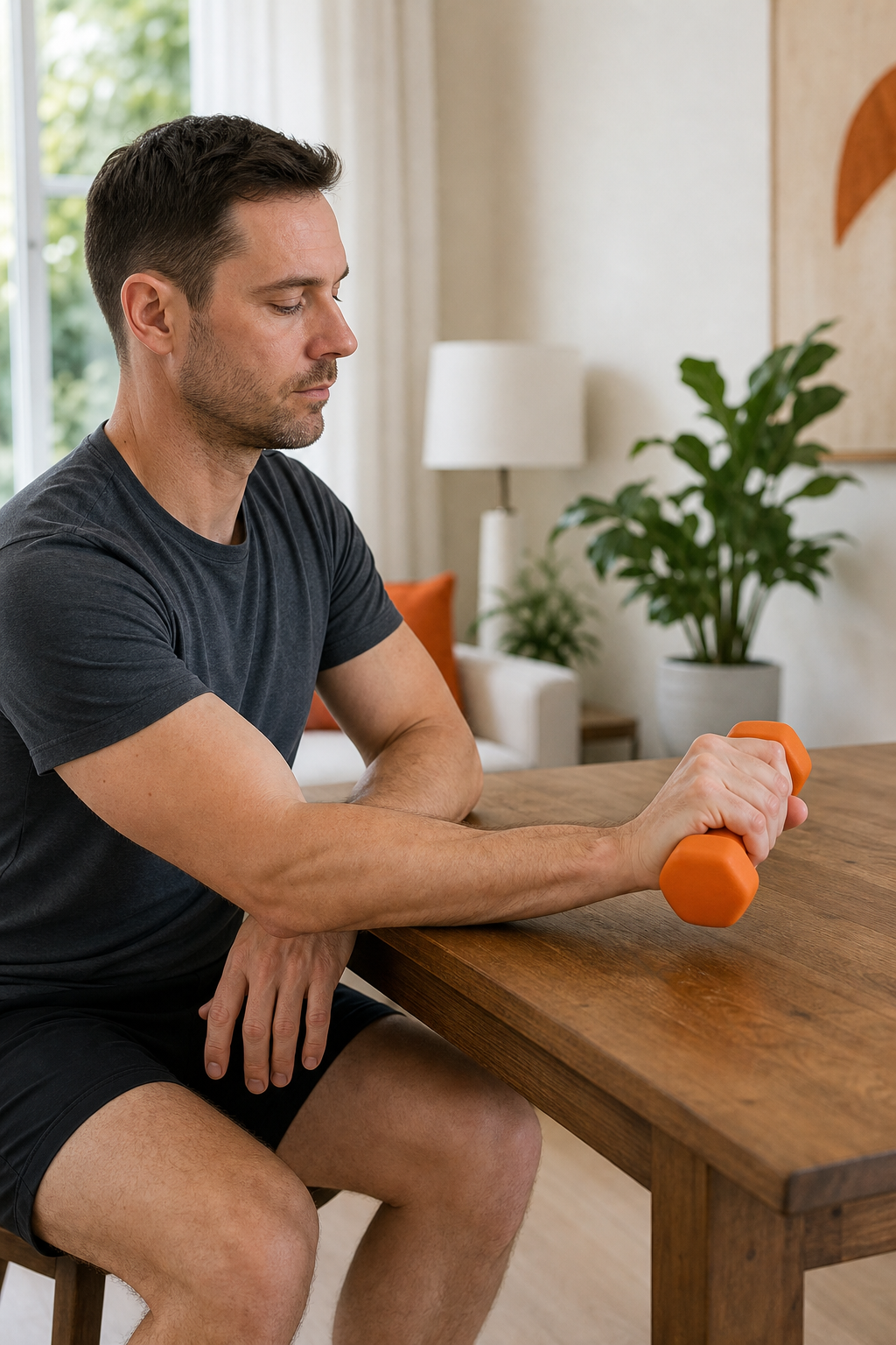 A photorealistic image of a person performing a wrist extension exercise with a light dumbbell, forearm resting on a wooden table in a bright home setting. Alt: Strengthening exercise for tennis elbow using a light dumbbell on a table.