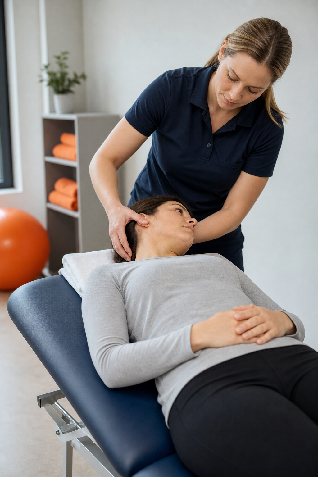 A physiotherapist guiding a patient through the Epley maneuver on a treatment table, with the patient's head turned to one side. Realism style. Alt: Epley maneuver for BPPV treatment performed by a physiotherapist.