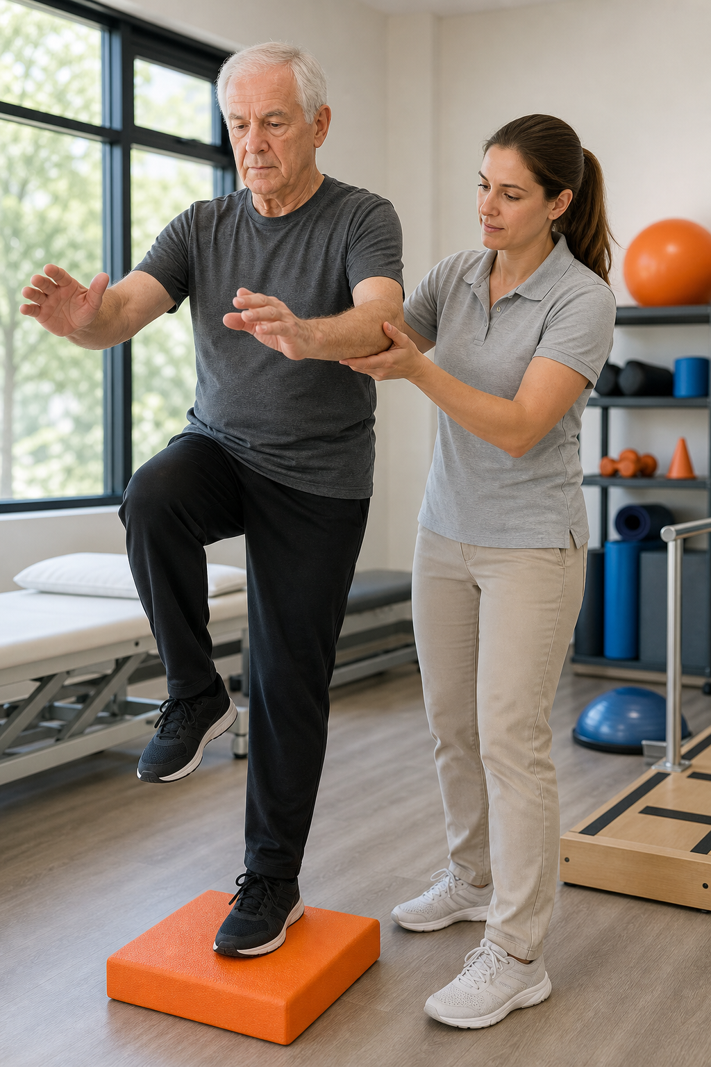 An older adult performing balance exercises on a foam pad in a physiotherapy clinic with a therapist nearby for support. Realism style. Alt: Balance training for fall prevention in vestibular physiotherapy.