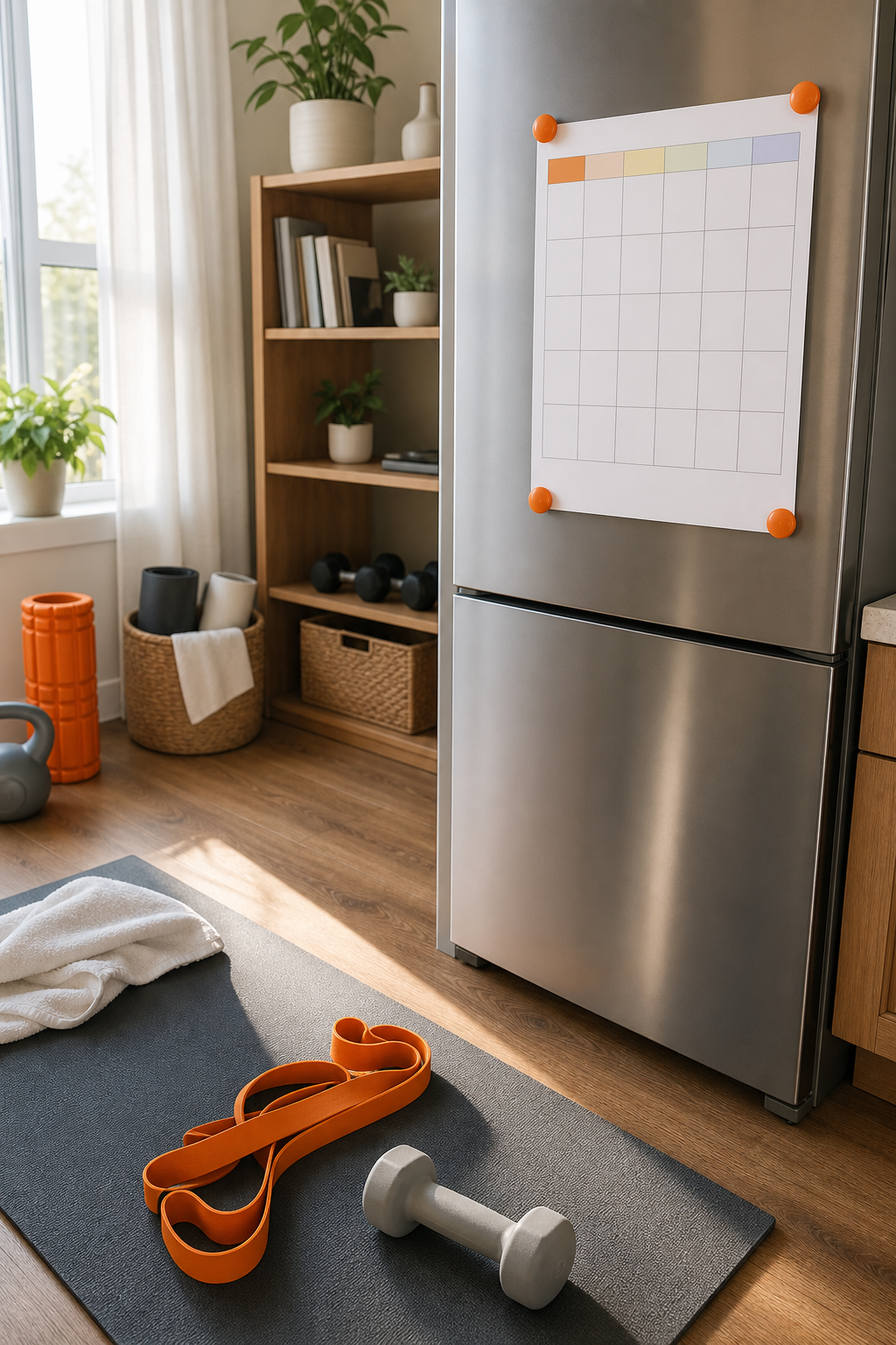A realistic scene of a home workout area with a resistance band, a light dumbbell, and a printed weekly schedule on a fridge, bright natural lighting.