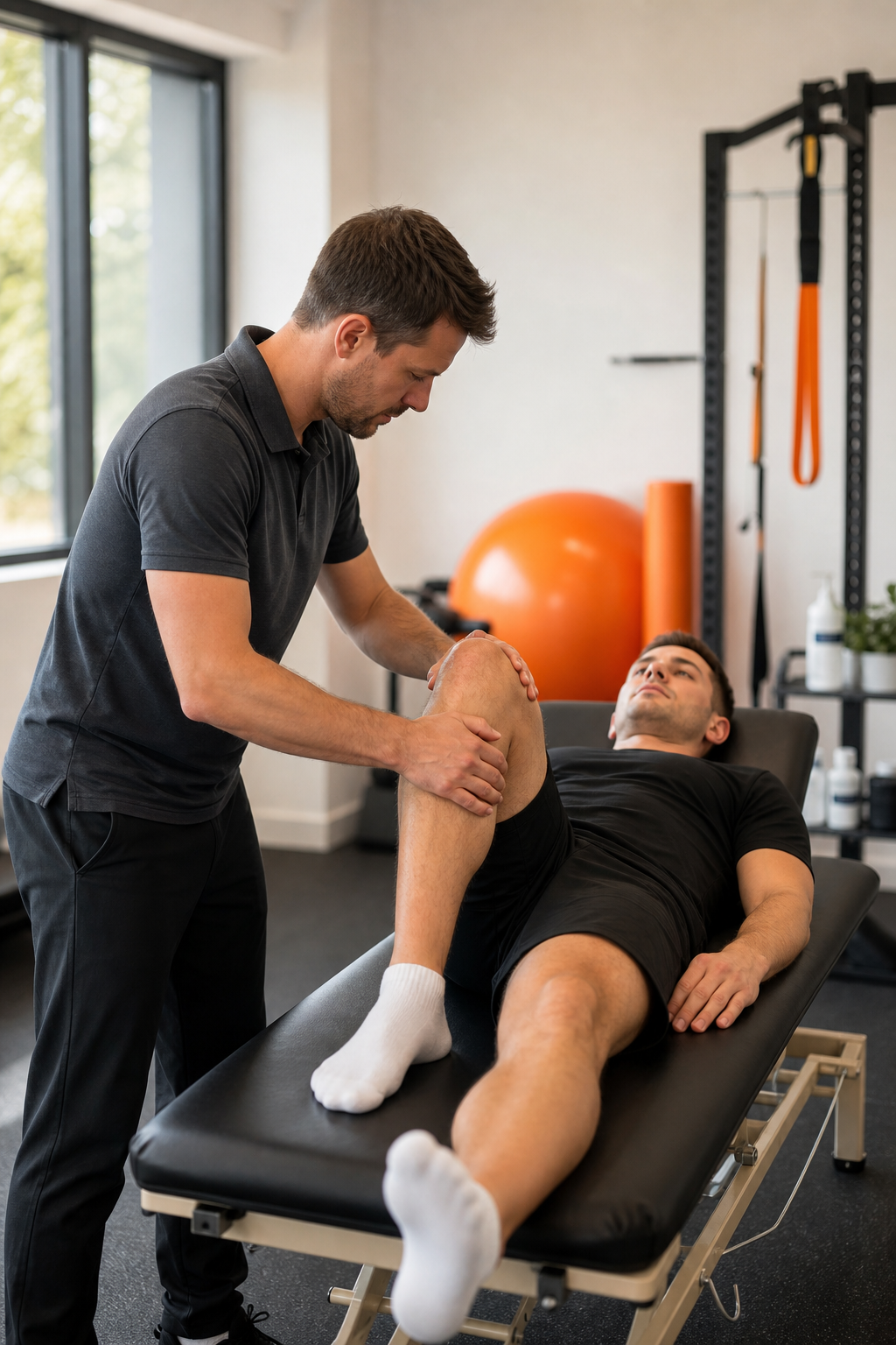 A realistic image of a physiotherapist working with an athlete in a modern clinic, using hands-on techniques to assess a knee injury. Alt: Sports injury physiotherapy in Surrey at Dynamic Balance Physio