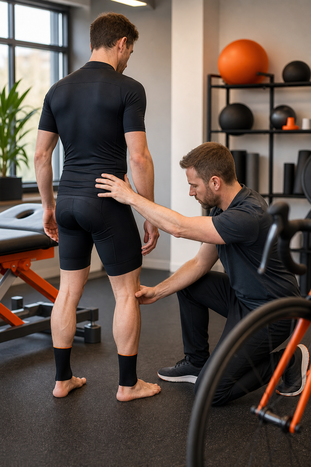 A realistic image of a cyclist receiving physiotherapy assessment for hip and knee alignment in a sports rehab center. Alt: Sports-specific physiotherapy for cyclists in Surrey