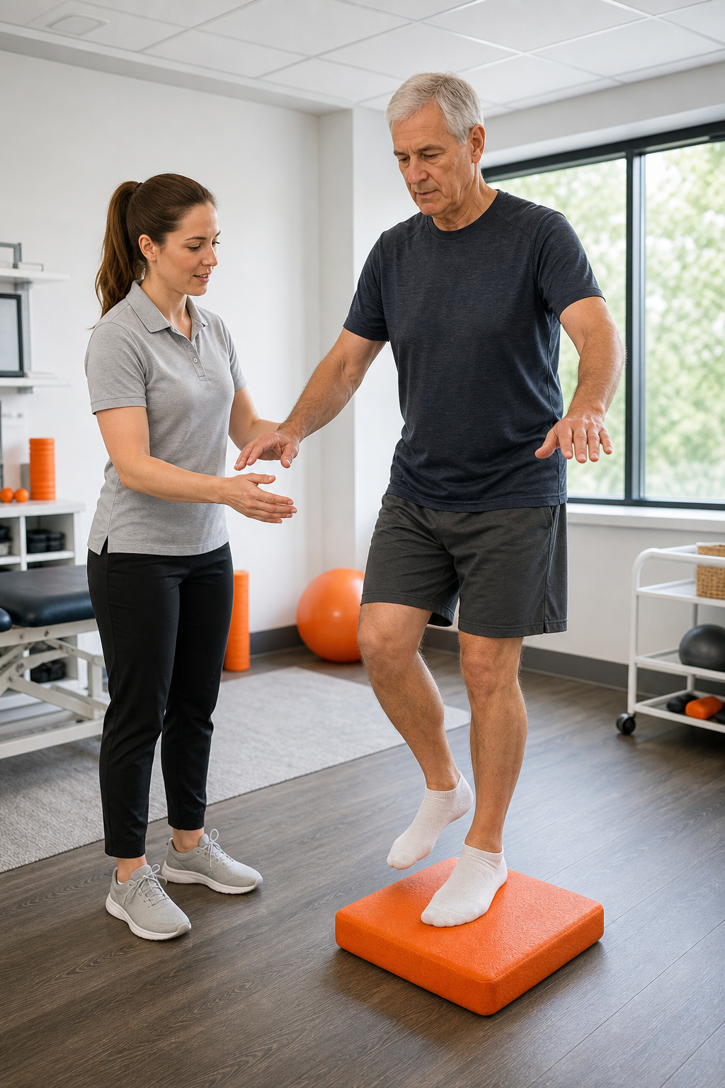 A photorealistic image of a physiotherapist guiding a senior patient through a balance exercise in a bright, modern clinic room. The patient is standing on a foam pad while the therapist watches closely. Alt: A patient working through a vestibular rehabilitation balance exercise.