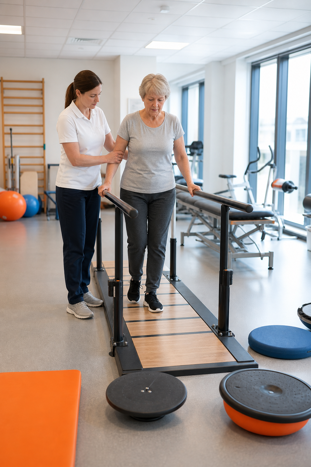 A photorealistic image of a modern physiotherapy gym with a patient walking between parallel bars while a therapist guides them. The room is well-lit with equipment like balance boards and foam pads. Alt: A vestibular physiotherapy assessment in progress.
