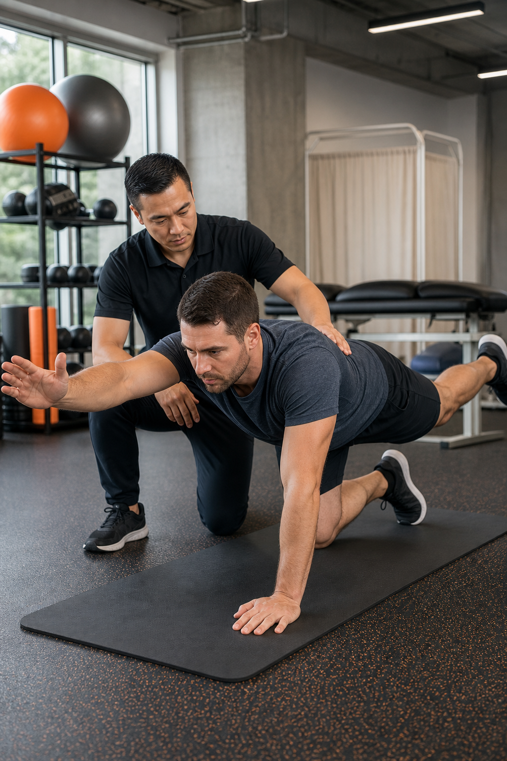 A worker performing gym-based exercises under the supervision of a physiotherapist in a sports medicine facility. Alt: Sports medicine physiotherapy for WorkSafe BC injury rehab